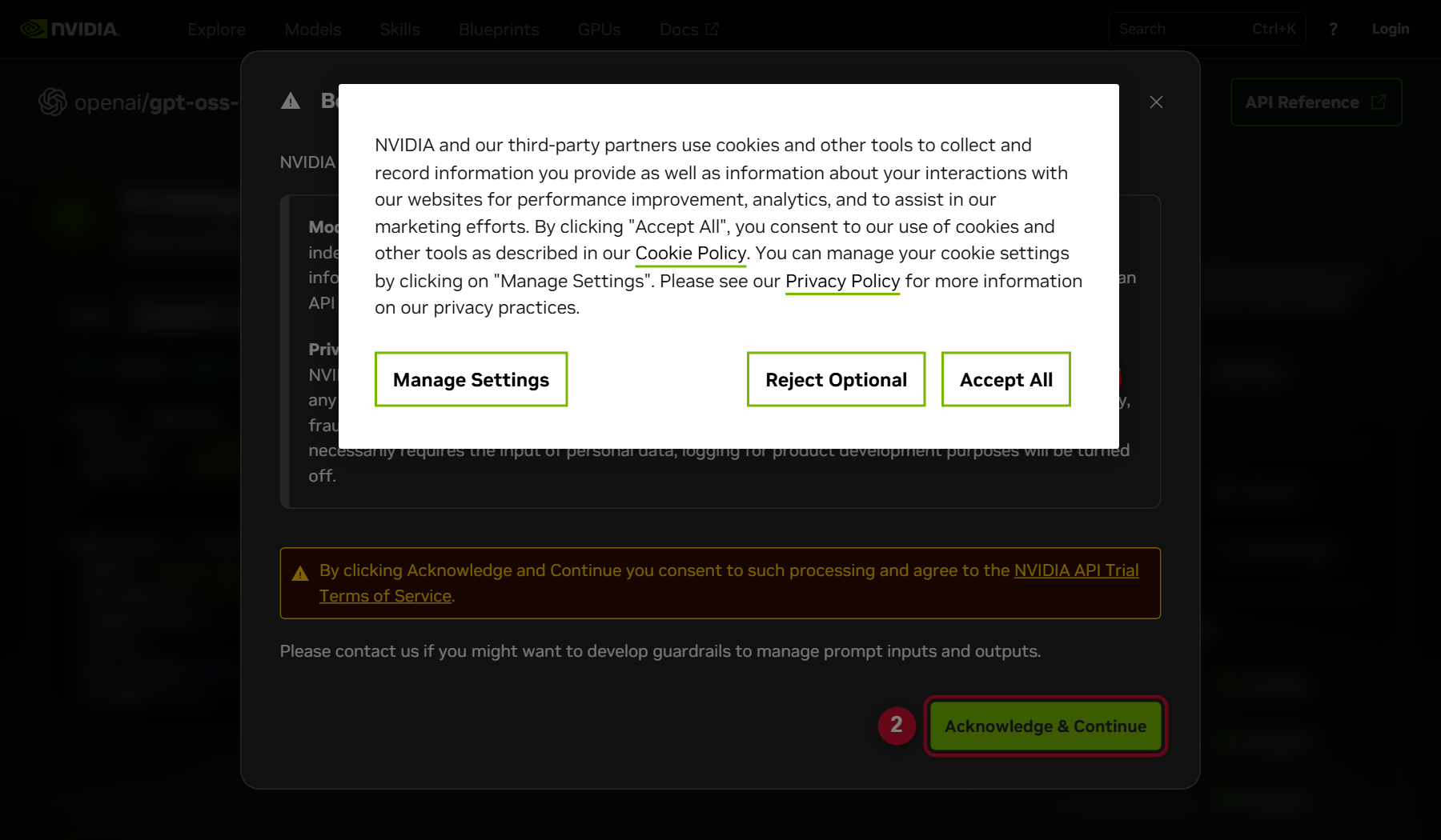 NVIDIA: click Accept All, then Acknowledge and Continue