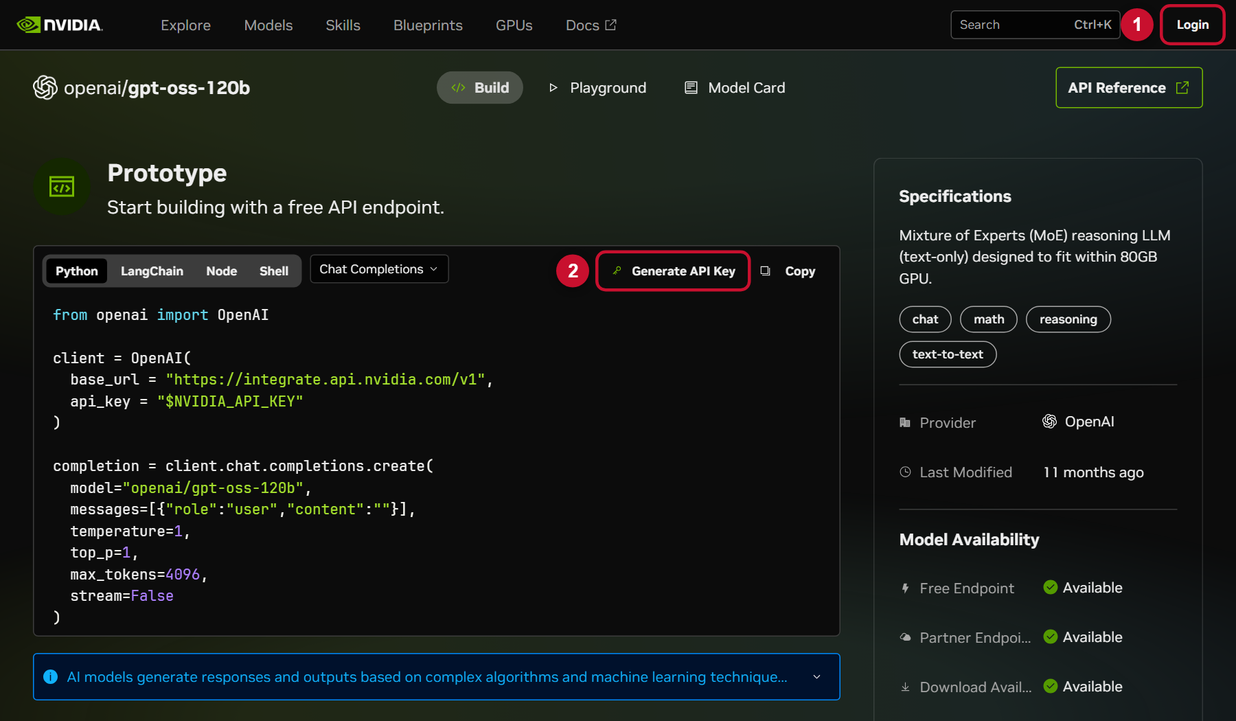 NVIDIA: Login button top-right, Generate API Key button